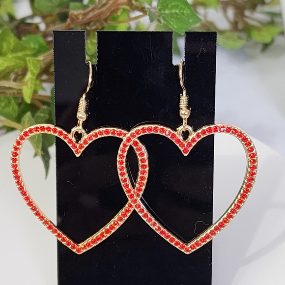 Gold with Red Crystal Stones Heart Drop Earrings  Her - Picture 3 of 8